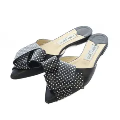 ジミーチュウ JIMMY CHOO ミュール サンダル フラット ポインテッドトゥ レザー 本革 リボン スタッズ 37.5 24.5cm 黒 ブラック /RI■OS