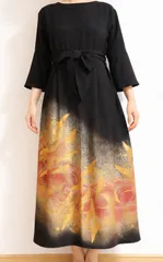 着物リメイク ワンピース ドレス 黒留袖 正絹 作家物 飛鶴 金銀彩