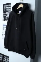 (L-XL) JEMUT(ジェモッ) フード付きTシャツ ラグラン ブラック 起毛 無地-17951