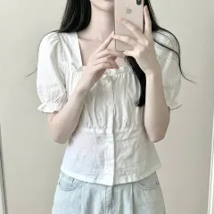 当日発송) 白パフ スクエアネック ブラウス