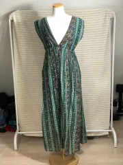 日本 ヴィンテージ グリーン フラワー パータン フローラル シフォン ノースリーブ 森ガール ロング ONE PIECE