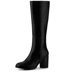 アレグラ ケー レディース シューズ ブーツ・レインブーツ ヒール ALLEGRA K Womens Round Toe Zip Block Heels Knee High Boots Black ブラック