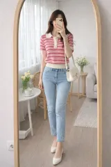 ROEM ストライプ KARA（カラ） 半袖 ニット ピンク レッド バイカラー / デートコーデ デイリーウェア