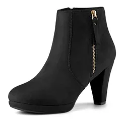アレグラ ケー レディース シューズ ブーツ・レインブーツ プラットフォーム アンクル ヒール ALLEGRA K Womenside Zip Low Platform Chunky Heel Ankle Booties Black ブラック