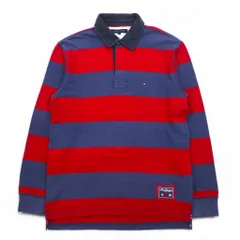 TOMMY HILFIGER ラガーシャツ L ネイビー レッド ボーダー コットン ワンポイントロゴ刺繍