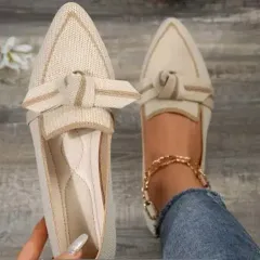 リボン装飾 ベージュ フラット シューズ 250