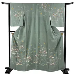 訪問着 身丈161.5cm 裄丈64cm M 袷 松井青々 落款 松竹梅 家屋 金彩 薄緑 正絹 逸品 一つ紋 【中古】のサムネイル