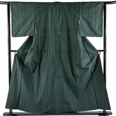 大島紬 身丈157cm 裄丈63cm S 袷 証紙 格子 深緑 正絹 秀品 【中古】