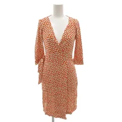ダイアンフォンファステンバーグ DIANE von FURSTENBERG ワンピース 総柄 ラップ 七分袖 ひざ丈 0 白 ホワイト オレンジ /FF ■GY06