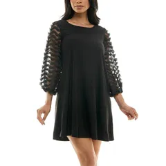 ニナレオナルド レディース トップス ワンピース バルーンスリーブ メッシュ Womens Nina Leonard Mesh Balloon Sleeve Trapeze Dress Black ブラック