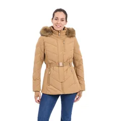 ロンドンフォグ レディース アウター ジャケット・ブルゾン コート Womens London Fog Faux Fur Trim Hood Belted Puffer Coat Dark Camel キャメル