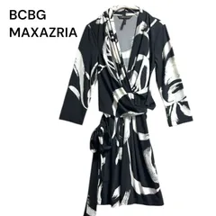 ●棚番号BD-4 BCBG MAXAZRIA カシュクールワンピース S ブラック ホワイト 総柄 ストレッチ 七分袖 膝丈 ビーシービージーのサムネイル