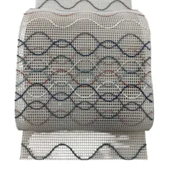 【美品】 名古屋帯 秀品 夏帯 八寸名古屋帯 トンネル仕立て よろけ縞 幾何学模様 刺繍 ベージュ 正絹 【中古】