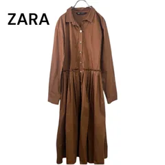 ●棚番号D-6 ZARA ザラ　ワンピース　ロング　シャツワンピ　プリーツ　コットン100サイズ　ブラウン　ロングワンピース