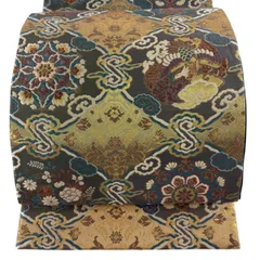 【美品】 袋帯 名品 華文 鳥 金糸 箔 灰茶 六通 正絹 【中古】