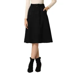 アレグラ ケー レディース ボトムスカート A ライン ミディ スエード ALLEGRA K Womens Casual Stretchy Faux Suede Pockets ALine Midi Skirt with Belt Black ブラック