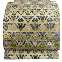 【美品】 袋帯 名品 花唐草 幾何学模様 唐織 箔 金色 全通 正絹 【中古】