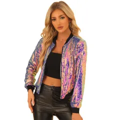 アレグラ ケー レディース アウター ジャケット・ブルゾン クロップド ALLEGRA K Womens Glitter Cropped Long Sleeve Zipper Bomber Jacket Multicolor マルチカラー