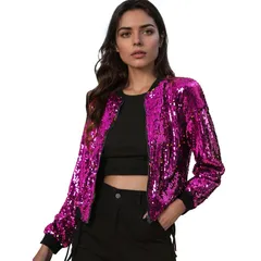 アレグラ ケー レディース アウター ジャケット・ブルゾン クロップド ALLEGRA K Womens Glitter Cropped Long Sleeve Zipper Bomber Jacket Fuchsia フューシャ