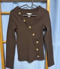 H&M ブラウン ゴージ ボタン POINT Vネック 長袖Tシャツ