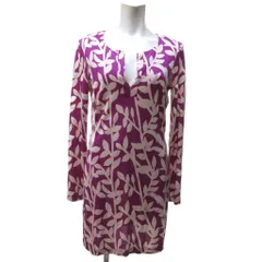 ダイアンフォンファステンバーグ DIANE von FURSTENBERG シルク ワンピース 長袖 ひざ丈 キーネック 総柄 紫 パープル 4 約M IBO79