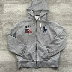 ポロラルフローレン ビックポニー USA 星条旗 パッチ 起毛 フード ジップアップ グレー