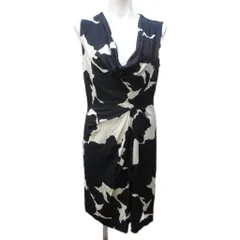 ダイアンフォンファステンバーグ DIANE von FURSTENBERG シルク ワンピース 総柄 ドレープ ノースリーブ ひざ丈 6 約M 白黒 ホワイト ブラック 系 IBO85 1226