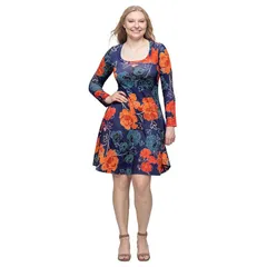 24 セブンコンフォート レディース トップス ワンピース ひざ丈 フラワー柄 プリント フラワー Womens 24Seven Comfort Apparel Floral Print Long Sleeve Knee Length Dress Navy M