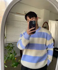 ボーダー柄 クルーネック ニット スカイブルー/アイボリー ハチ リブ編み ニット ボーダー ニット 春ニット 冬 MUSINSA