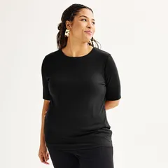 ナインウェスト レディース トップス Tシャツ プラスサイズ Plusize Nine West Fitted Elbow Sleeve Top Mineral Black ブラックのサムネイル