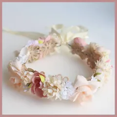 ベビー　キッズ　花冠　花かんむり　ピンク　ハーフバースデー　百日祝　お食い初め　100日祝い　結婚式　発表会　コスチューム　カチューシャ　ヘアバンド　リボン