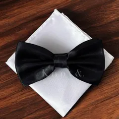 1-1ae 蝶ネクタイ (黒) 　ポケットチーフ (白)  シンプル  2点セット  ブラック  メンズ