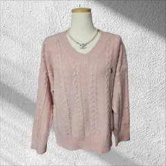 (新品) ポロ 刺繍 ピンク Vネック ケーブル ニット
