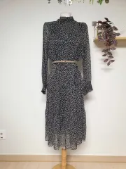 ウエストシャーリング モクネック ロング丈ワンピース 55 66 77 ブラック 잔柄