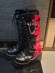ブラック/レッド Long ロング ブーツ Funky ウェッジ ヒール フラットフォーム ブーツ レースアップ ウォーカー