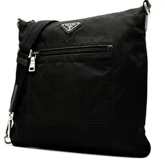 美品 PRADA プラダ テスート ナイロン ショルダーバッグ ブラック 黒 三角ロゴ プレート 白タグあり シルバー金具 斜め掛け クロスボディ マチなし スリム ユニセックス メンズ レディース 通勤 通学 デイリー お出かけ 旅行 サブバッグ 鞄