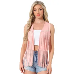 アレグラ ケー レディース アウター ニット・セーター ベスト スエード カーディガン フリンジ ALLEGRA K Womens Fringe Vest Open Front Outfits Faux Suede Tassel Cardigan Pink ピ