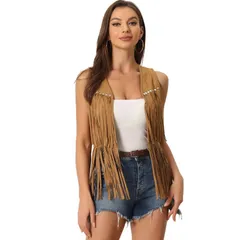 アレグラ ケー レディース アウター ニット・セーター ベスト スエード カーディガン フリンジ ALLEGRA K Womens Fringe Vest Open Front Outfits Faux Suede Tassel Cardigan Yellow