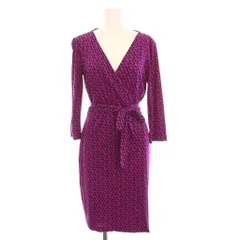 ダイアンフォンファステンバーグ DIANE von FURSTENBERG ラップ ワンピース ひざ丈 総柄 シルク 七分袖 6 赤紫 レッドパープル 紺 /YM