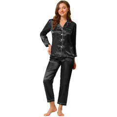 アレグラ ケー レディース アンダーウェア ナイトウェア ボタンダウン サテン シルク ダウン ALLEGRA K Womensatin 2pc Loungewear Button Down Smooth Silky Pajama Sets Black ブラッ