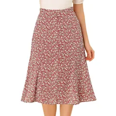 アレグラ ケー レディース ボトムスカート A ライン プリント ミディ ALLEGRA K Womens Peasant Elastic Waist ALine Leave Print Midi Skirt Red White ホワイト