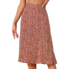 アレグラ ケー レディース ボトムスカート A ライン プリント ミディ ALLEGRA K Womens Peasant Elastic Waist ALine Leave Print Midi Skirt Red レッド