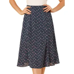 アレグラ ケー レディース ボトムスカート A ライン プリント ミディ ALLEGRA K Womens Peasant Elastic Waist ALine Leave Print Midi Skirt Navy Pink ネイビー