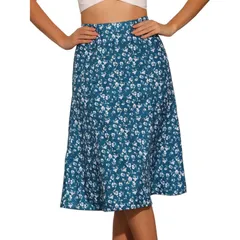 アレグラ ケー レディース ボトムスカート A ライン プリント ミディ ALLEGRA K Womens Peasant Elastic Waist ALine Leave Print Midi Skirt Lake Blue ブルー