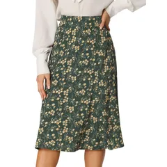 アレグラ ケー レディース ボトムスカート A ライン プリント ミディ ALLEGRA K Womens Peasant Elastic Waist ALine Leave Print Midi Skirt Dark Green グリーン
