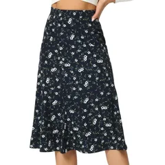アレグラ ケー レディース ボトムスカート A ライン プリント ミディ ALLEGRA K Womens Peasant Elastic Waist ALine Leave Print Midi Skirt Blue White ホワイト