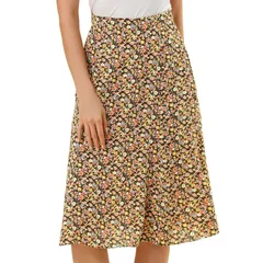 アレグラ ケー レディース ボトムスカート A ライン プリント ミディ ALLEGRA K Womens Peasant Elastic Waist ALine Leave Print Midi Skirt Brown Orange オレンジ
