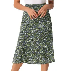 アレグラ ケー レディース ボトムスカート A ライン プリント ミディ ALLEGRA K Womens Peasant Elastic Waist ALine Leave Print Midi Skirt Black Green ブラック