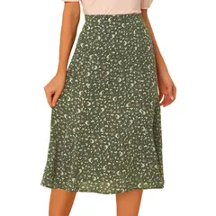 アレグラ ケー レディース ボトムスカート A ライン プリント ミディ ALLEGRA K Womens Peasant Elastic Waist ALine Leave Print Midi Skirt Army Green グリーン