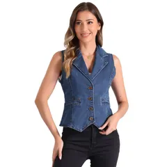 アレグラ ケー レディース アウター ジャケット・ブルゾン ボタンダウン ベスト ノースリーブ ダウン デニム ALLEGRA K Denim Vest for Womens Notched Lapel Button Down Sleeveless Casua